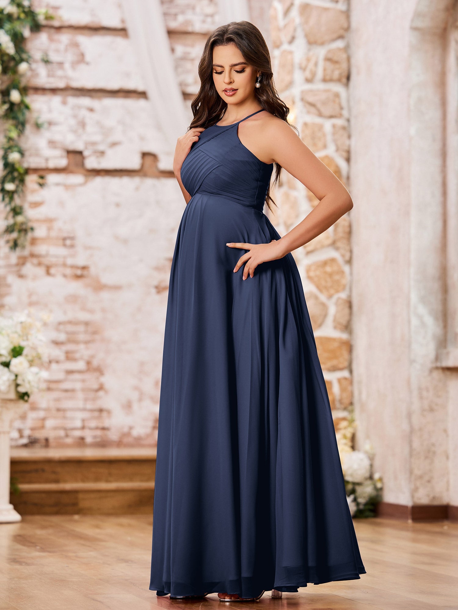 Stunning A-line Halter Empire Floor Length Chiffon Bridesmaid Gowns Dark Navy